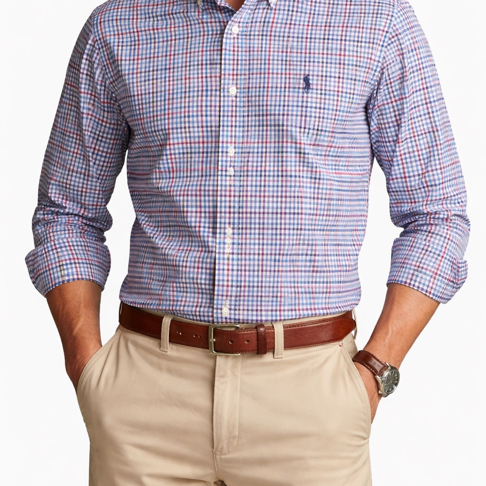 Ralph Lauren Slim Fit Blue White Red Checkered Button-Down Shirt